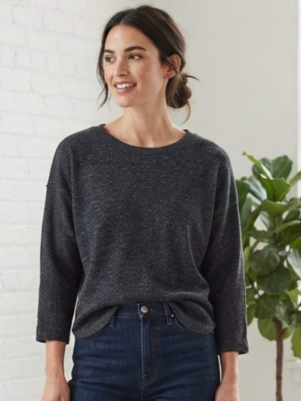 Max Studio Women's Knit Top Marled Ribbed Relaxed Charcoal Dolman Sleeve Size M